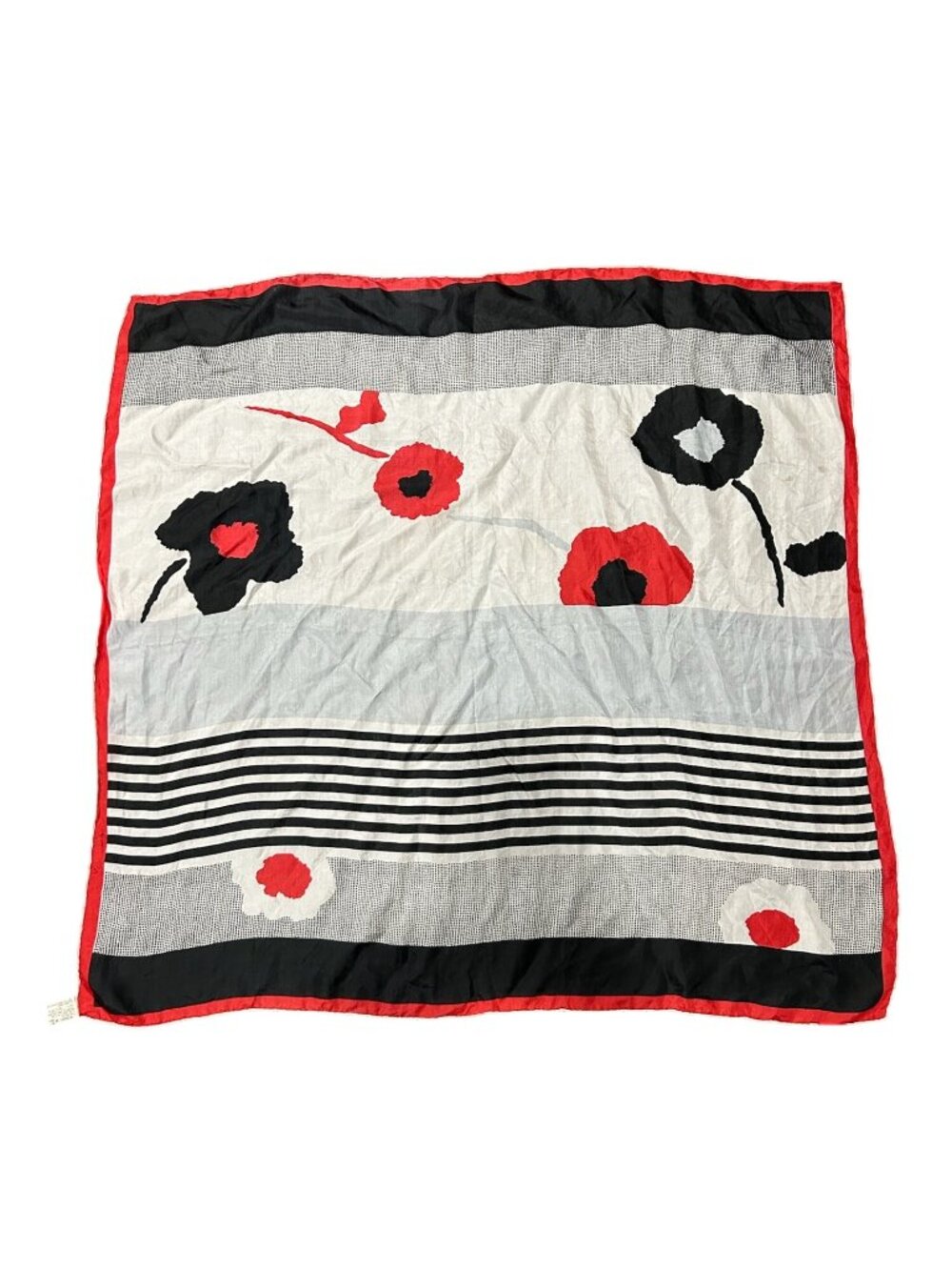 Vintage Golden Camel Silk Hand Rolled Scarf Floral Striped Black Red Lightweight